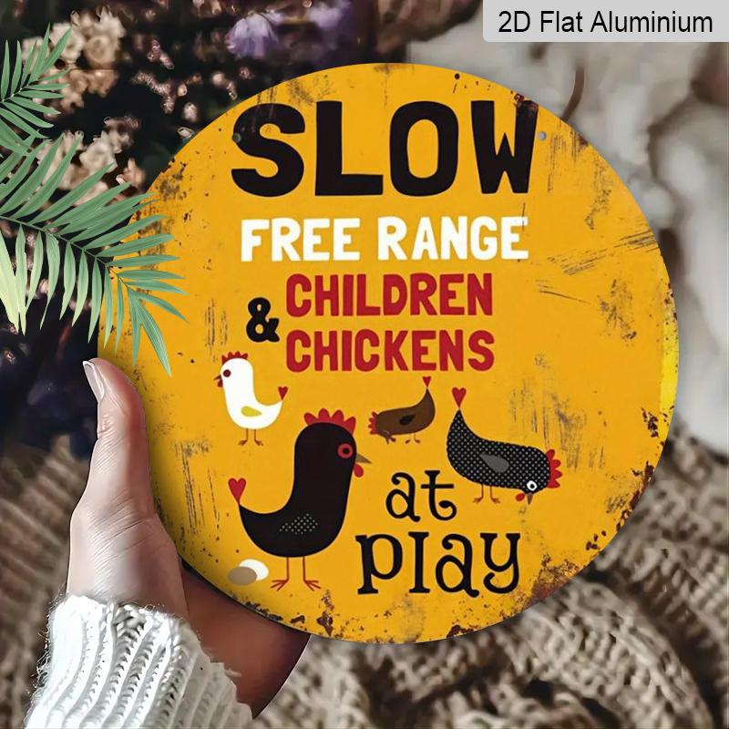 2D Flat 1pc, 8x8 in, Slow-Free Range Chicken Farm Sign - Rustic Aluminum Metal Decorative Signs & Plaques, Durable Indoor/Outdoor Decoration Suitable