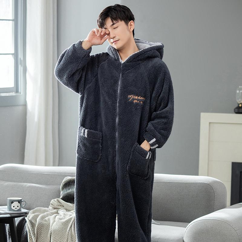 Herren Verdickter Korallenfleece Einteiler Schlafanzug - Winter/Herbst Flanell Hausanzug für Teenager & Erwachsene
