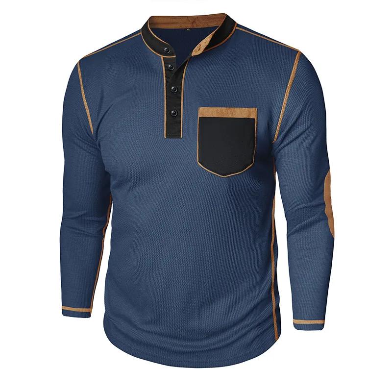 Men's Long Sleeve Stand Collar Henry Tshirt Casual Cotton Patchwork T-Shirt Autumn Winter Base Layer Shirt American Retro Tees