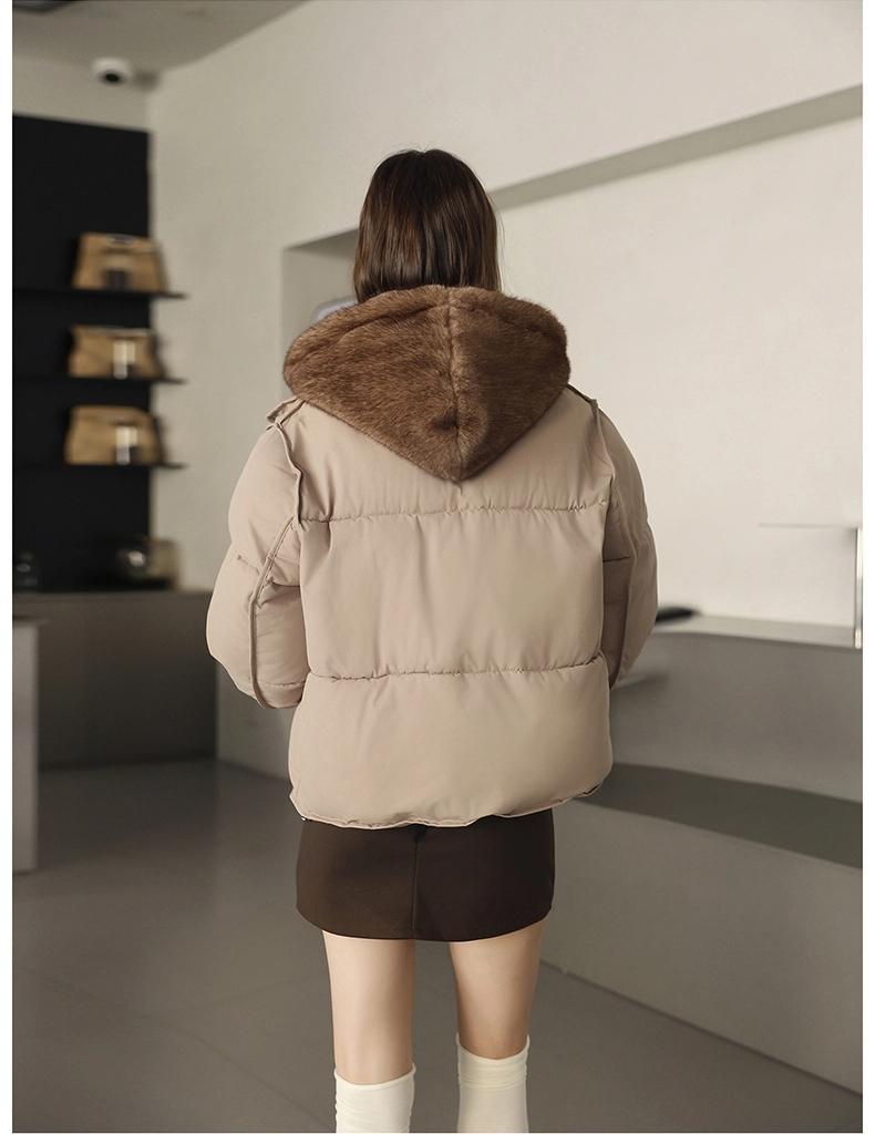 Short Cotton-padded Jacket With Imitation Mink Fur Hood