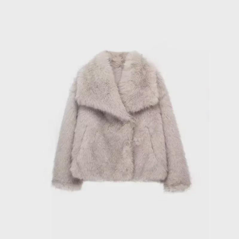 Women's Black Imitation Leather Lamb Wool Coat - Autumn/Winter 2024 Collection