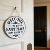 Welcome Sign for Front Door Round Metal Welcome to My Happy Place Hanging Plaque for Home Office Bedroom Kitchen Dining Bar Decor