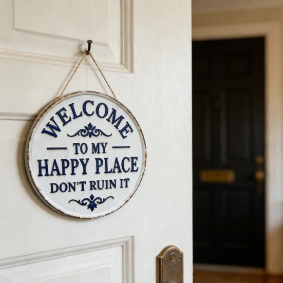 Welcome Sign for Front Door Round Metal Welcome to My Happy Place Hanging Plaque for Home Office Bedroom Kitchen Dining Bar Decor