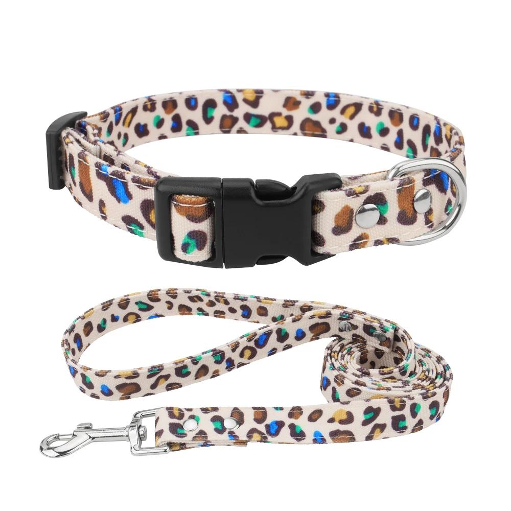 Custom Dog Collar and Leash Set,Personalized Leopard Pattern,Polyester Fabric Webbing with 120cm Leash, for Medium Large Dogs