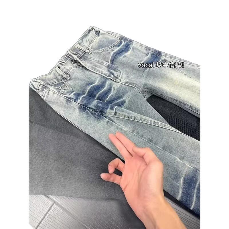 American lightning pattern jeans men's spring and autumn high street diagonal pants narrow version thin straight slightly pulled pants