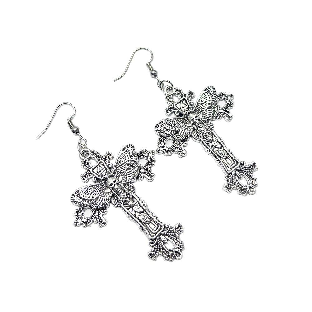 Gotische Blumenranken Kreuz & Totenkopf Halskette mit Ohrringen