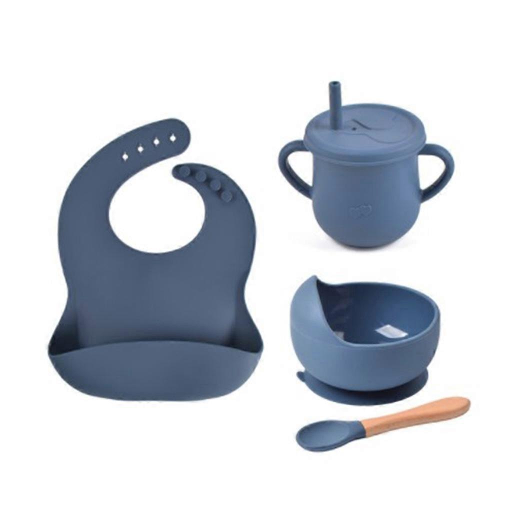Silicone Baby Feeding Set Tableware Set Toddler Dining Plate Set Containing Baby Suction Cup Bowl Baby Spoon Bib and Cup Purple