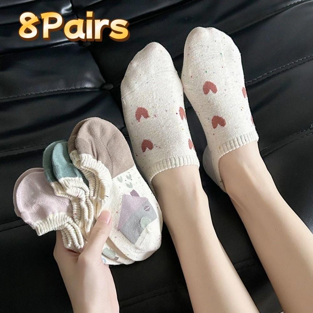 8Pairs Heart Cartoon Ankle Socks Dots Women's Boat Socks Fashion Love Short Tube Socks Girl