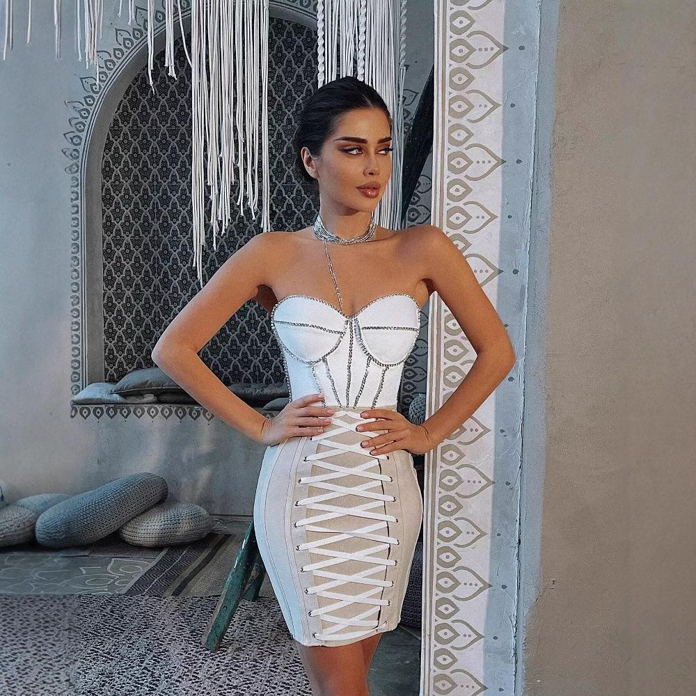 Pink Strapless Eyelet Lace-Up Knit Backless Bandage Dress