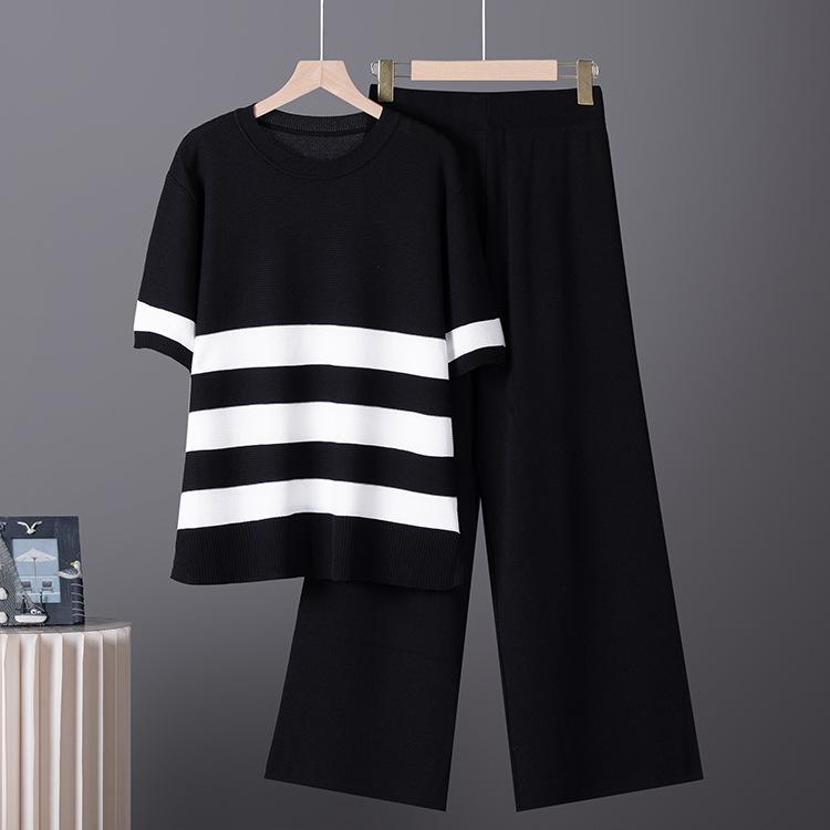 Color Block Striped Knit Top & High Waist Wide Leg Trousers Two-Piece Set