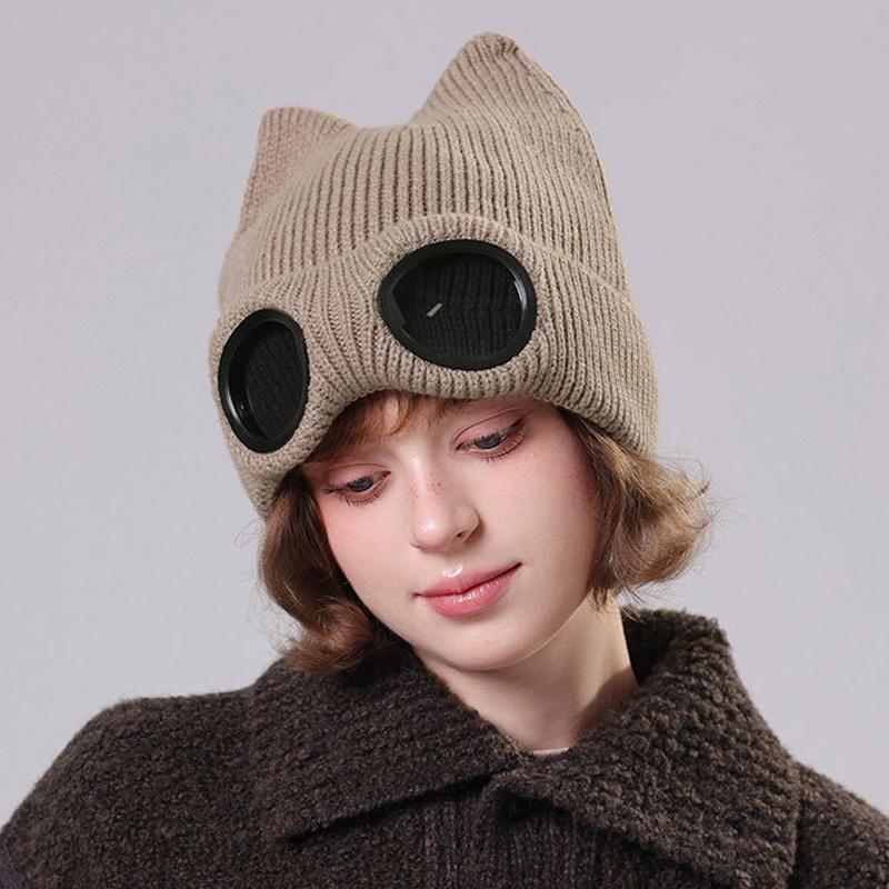 Winter Knitted Hat Women's Outdoor Thick Ear Protection Warm Hat Cartoon Glasses Wool Cap