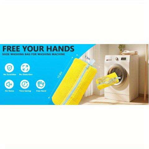 Yellow Chenille Shoe Washing Bag with Blue Zipper, Plush Protective Laundry Bag for Machine Washing Sports and Casual Shoes