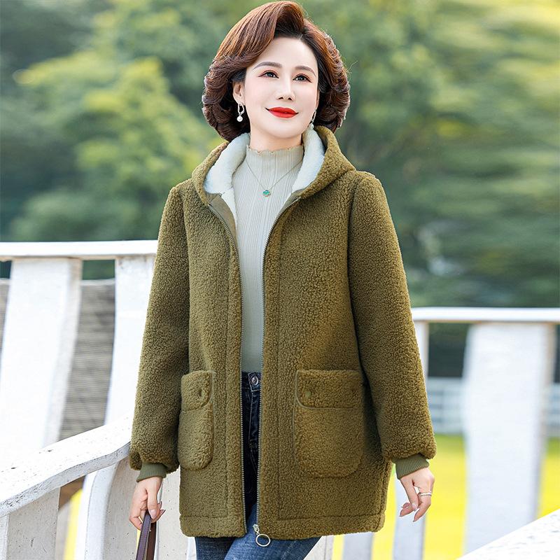 Mother's Winter Lamb Wool Coat Plus Velvet Thickening Western Style Fashion Middle-aged and Elderly Hooded Polar Fleece Cotton Women