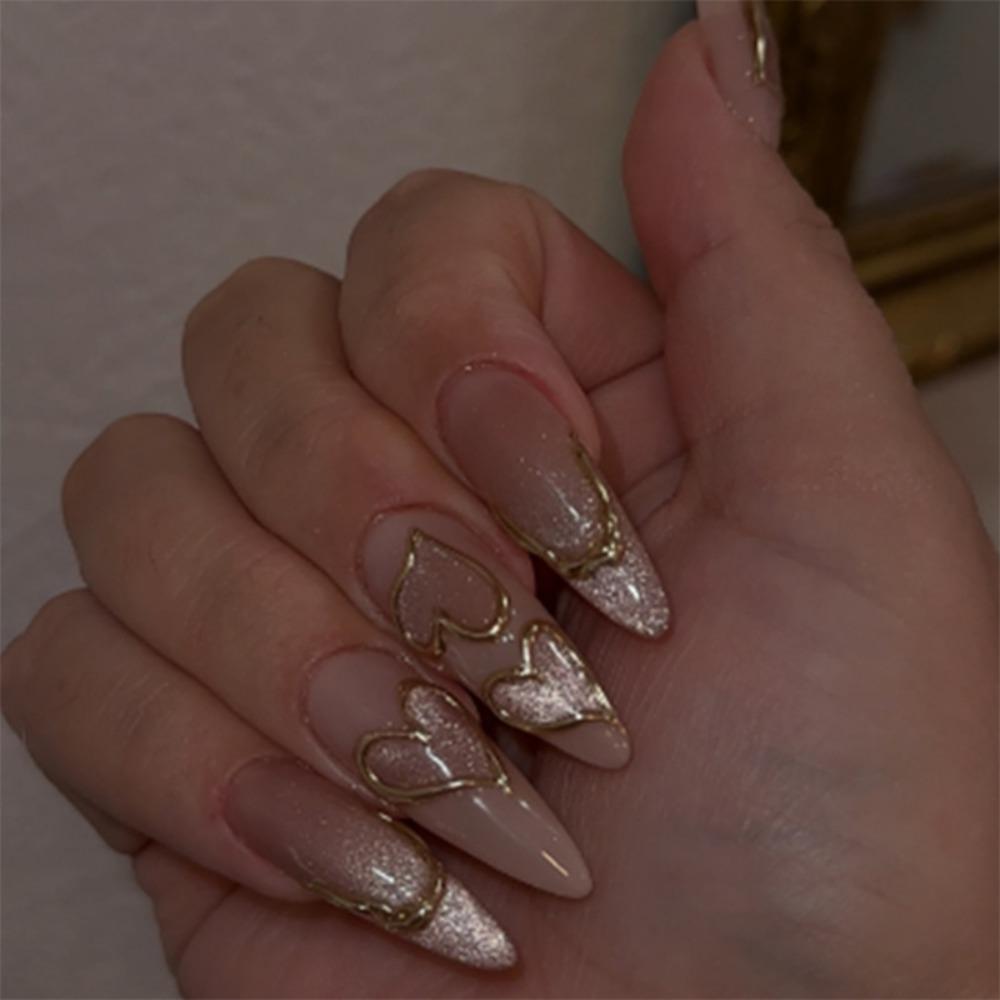 30pcs Long Almond Stiletto False Nails Cat Eye Silver Wavy Sparkling Rhinestone Fake Nails Purple Love Heart Detachable