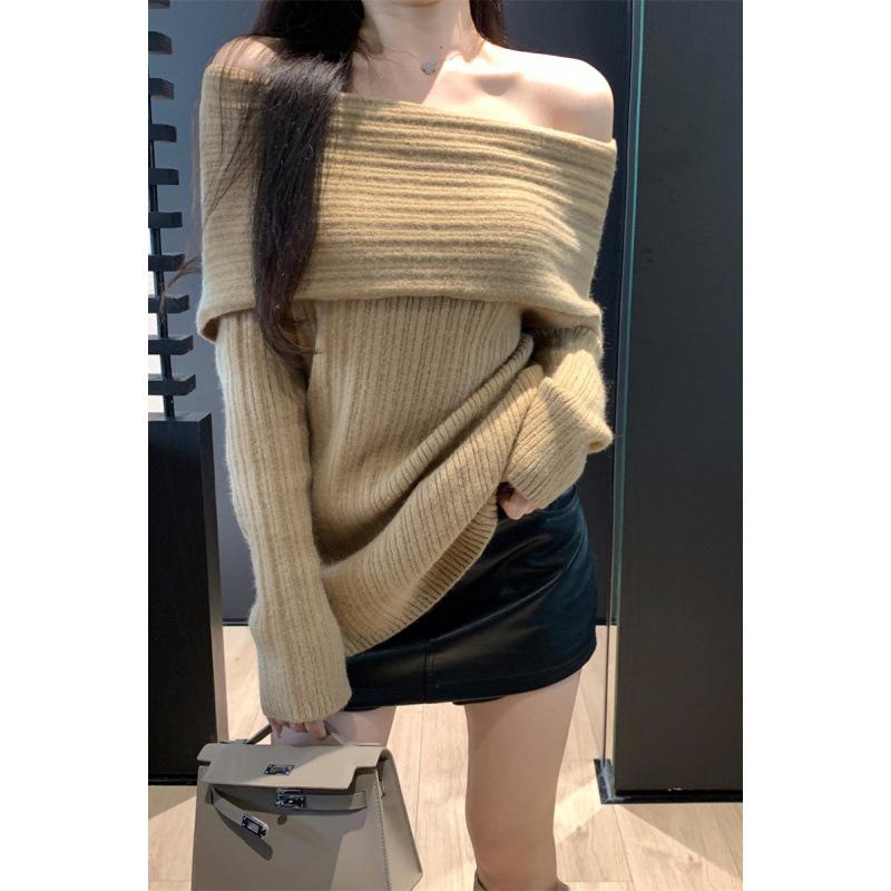 Damen Mittelanger Einseitiger Strickpullover – Vielseitiges Herbst/Winter Locker geschnittenes Langarm-Oberteil