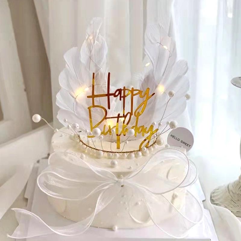 Angel Wings Feather Heart Cake Topper with Wire and Ostrich Feather Strip Decoration