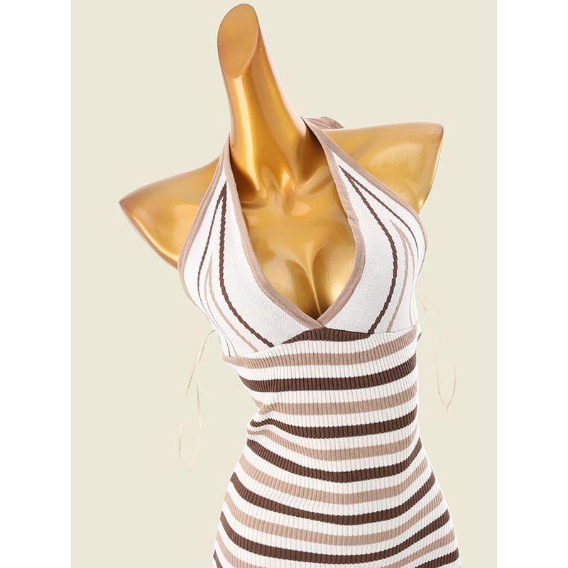 Foreign Trade Original Order Lace-up Hanging Neck Color Matching Hip Skirt Western Style Pure Desire Beauty Back Sexy Knitted Suspender Skirt