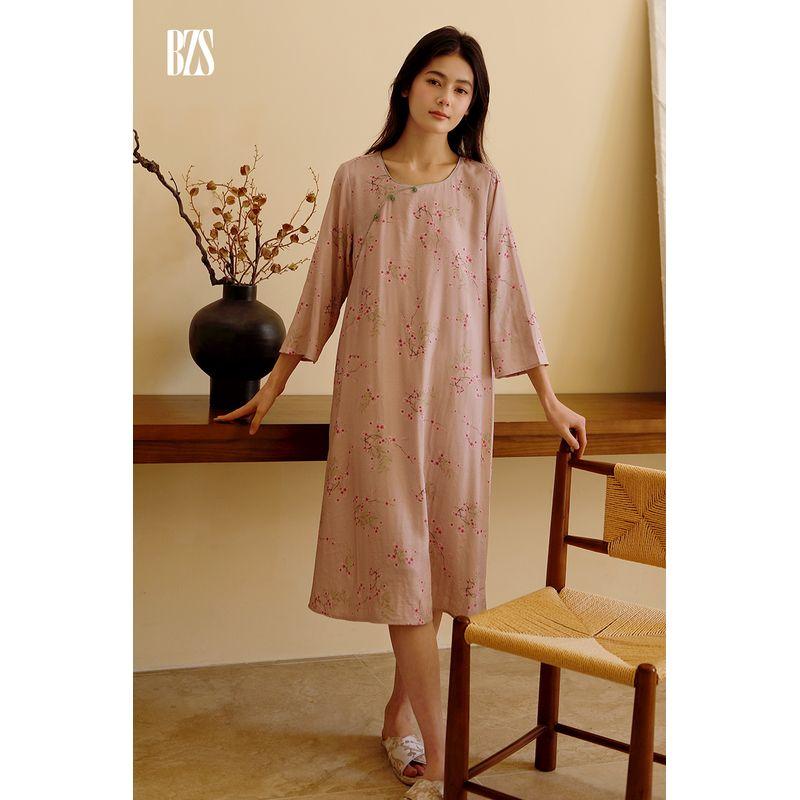 

Bamboo Cotton Double-Layer Gauze New Chinese Retro Style Diagonal Print Long Sleeves Home Nightdress Casual Suitable for Daily Wear Suit Nightdress XL [recommend 67.50 kg-77.50 kg]]