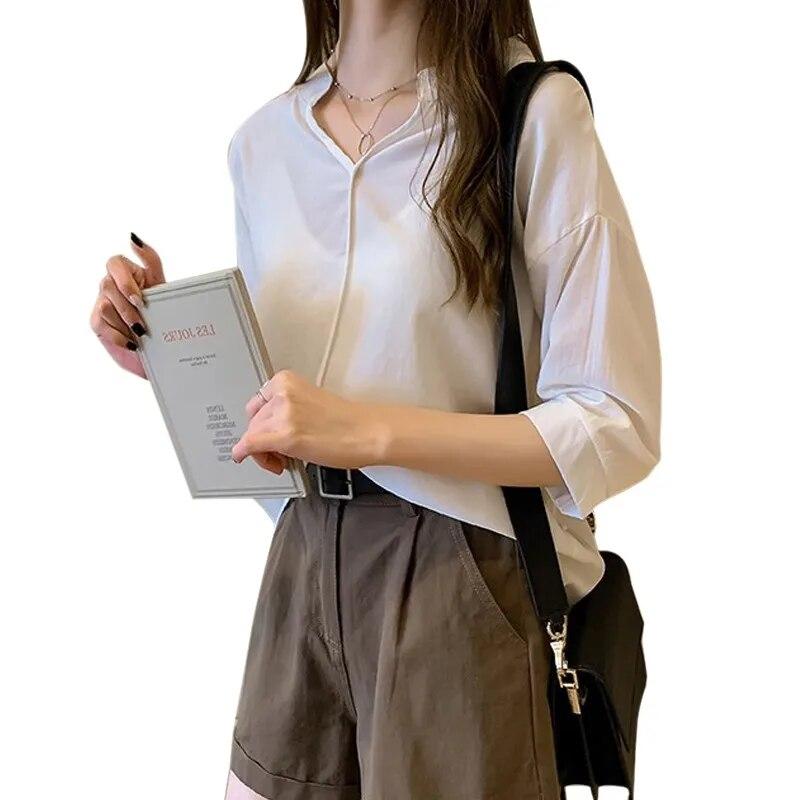 

Женская шифоновая блузка с V-образным вырезом и коротким рукавом, пляжные рубашки, летние повседневные свободные топы M