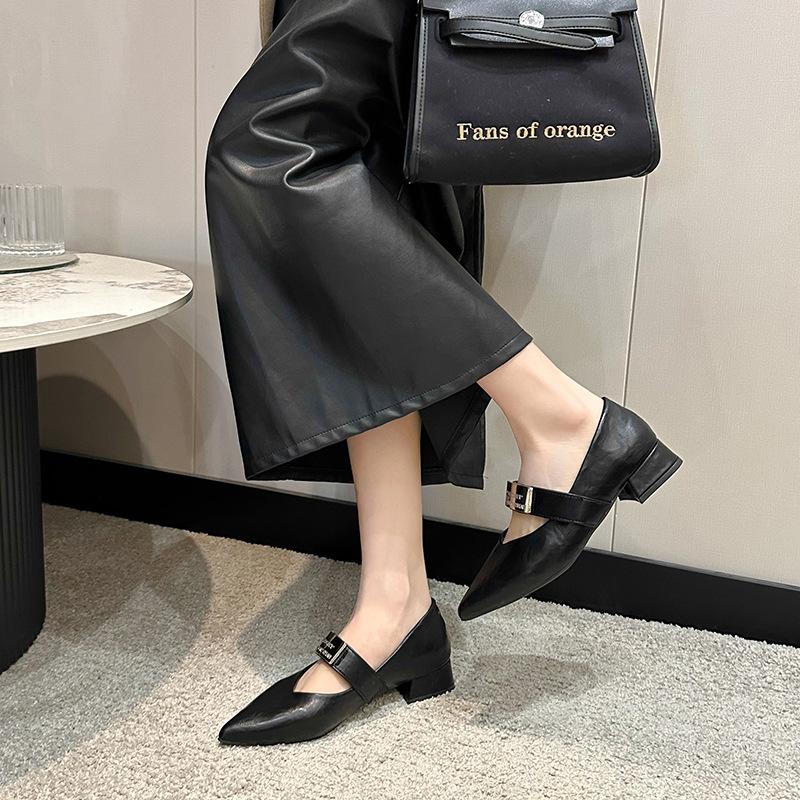 Hot Mary Jane shoes women's spring 2025 new pointed V mouth word with small leather shoes thick heel retro versatile