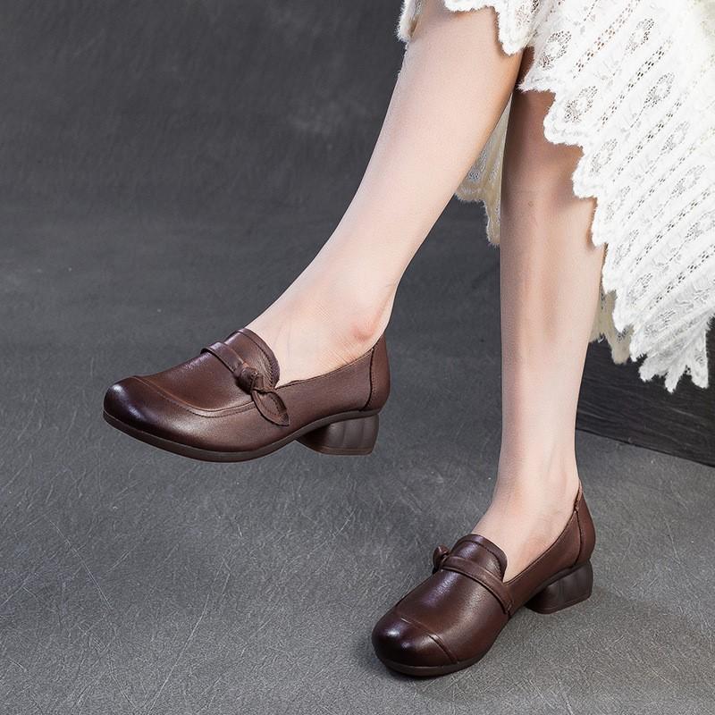 Johnature Pantofi cu toc Retro Decupați Piele Naturală Navetă Confortabili Versatili Pantofi cu Toc pentru Femei