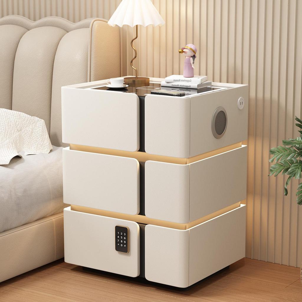Solid Wood Smart Bedside Table with Wireless Charging, Modern Minimalist Design, Three-Layer Storage, Floor-Standing for Small Apartments.