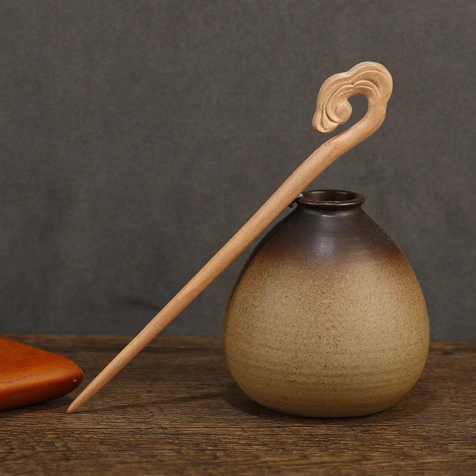 Peach Wood Double-Sided Carved Hairpin for Qipao Hanfu Updo - Ancient Style Accessory