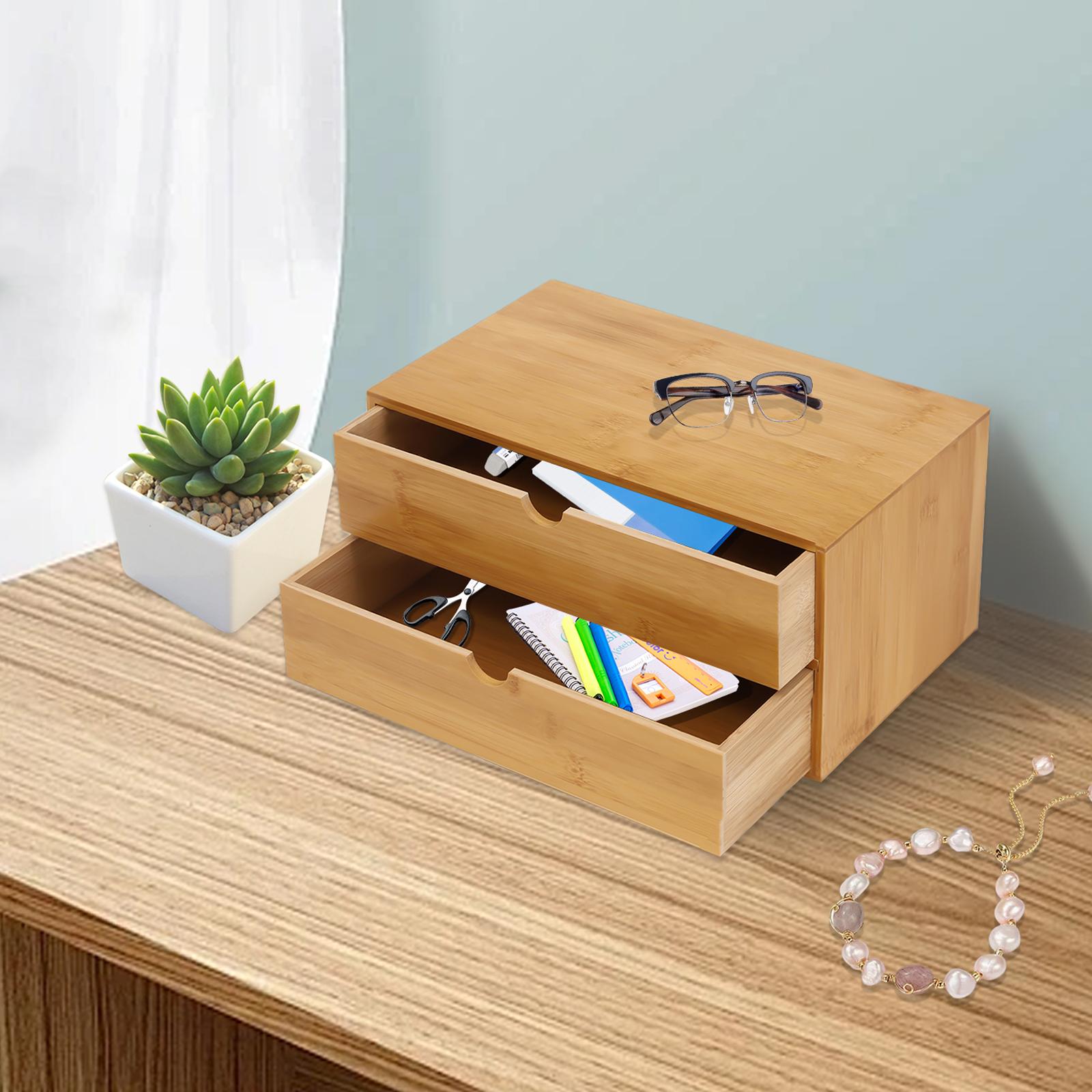 

Bymaocar Mini Bamboo Drawer Desktop Storage Box, Double Layered Retro Rectangular Storage Box for Office Supplies or Cosmetics M