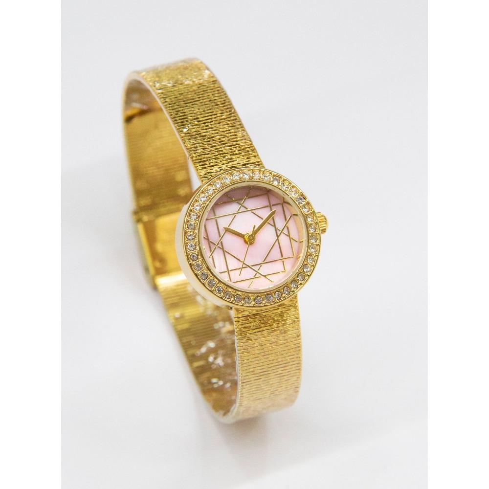 Round Quartz Watch For Women Rhinestone Bezel Geometric Line Dial Textured Mesh Strap Elegant Daily Waterproof Wristwatch