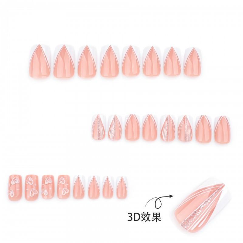 Hot Selling French White Nail Art Wholesale In Europe America 3D Heart-shaped Glitter Fake Nails Short Medium-sized Square Shaped Pieces