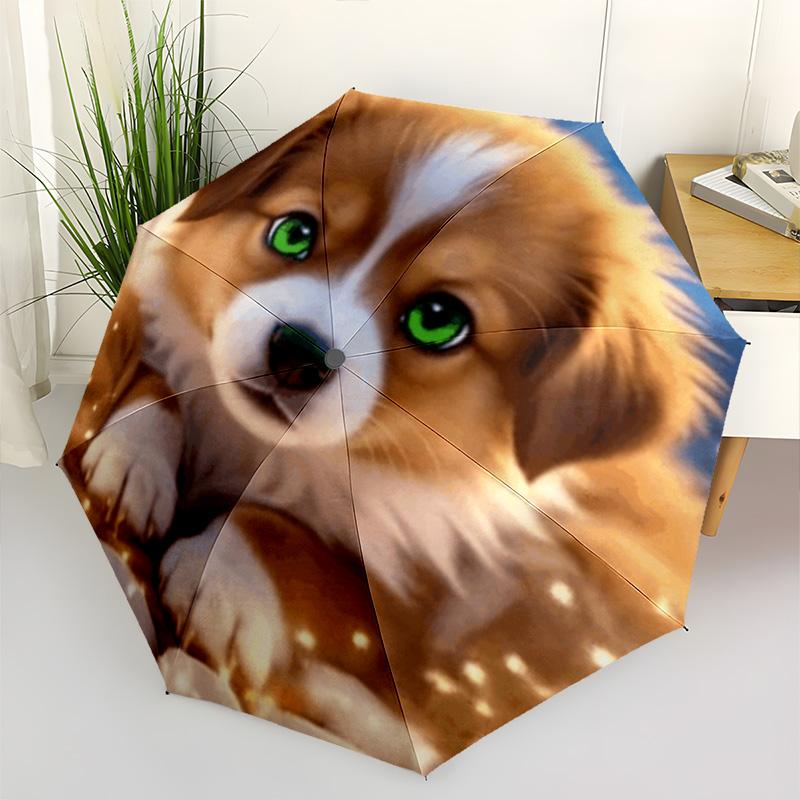 

Sleeping Fluffy Puppy Print Folding Umbrella, Blue Starry Sky & Rose Design Compact Sun/Rain Umbrella