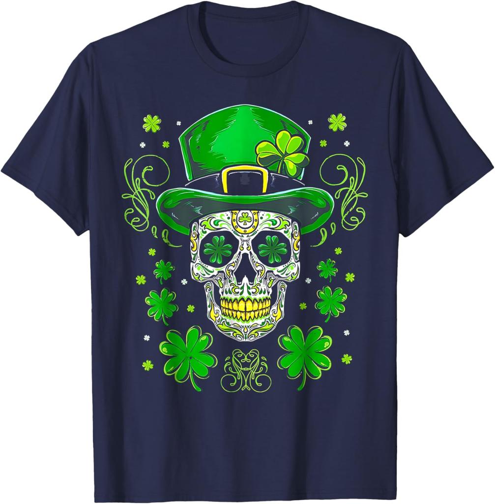 Sugar Skull Leprechaun Hat St Patrick Day Graphic Tee Cotton Short Sleeve Casual T-Shirt for Men