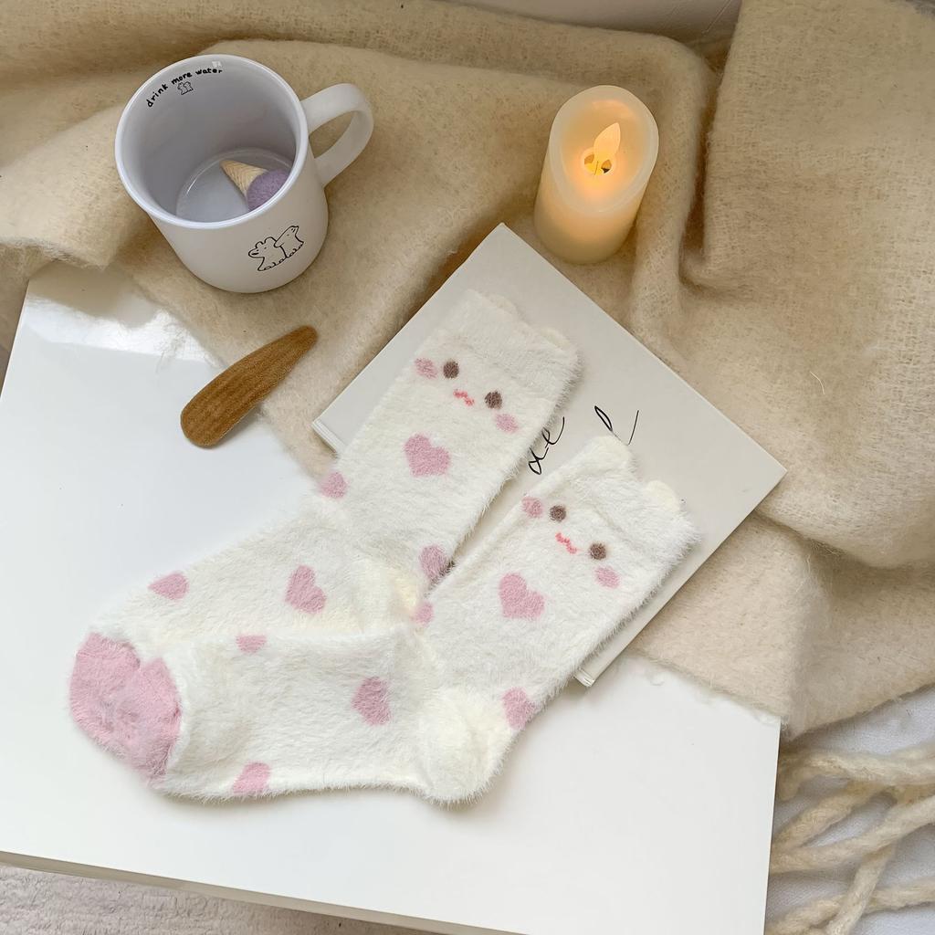 Pink Mink Fleece Socks Winter Thickening Comfortable Plush Mid Socks Thick Warm Cute Strawberry Bunny