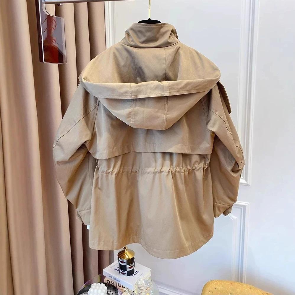 Women's Spring/Fall Windbreaker with Drawstring Waist, Workwear-Style Trench Coat Jacket