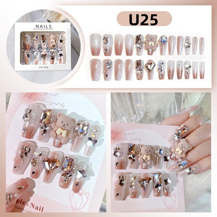 White Blue Color 3D Rabbit Star Rhinestone Designs-Full Cover Acrylic False Nails for Women and Girls Detachable Long Fake Nails