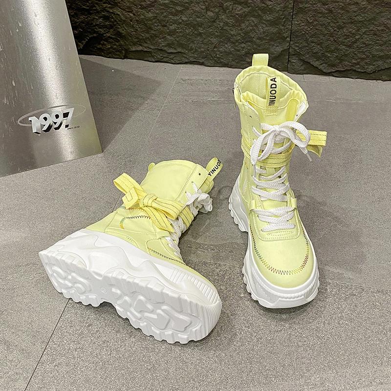 Fashion 8CM Women Chunky Mid-Calf Boots New Autumn Canvas High Platform Round Toe Ladies Shoes Tie Motorcycle Boots Winter Sneakers