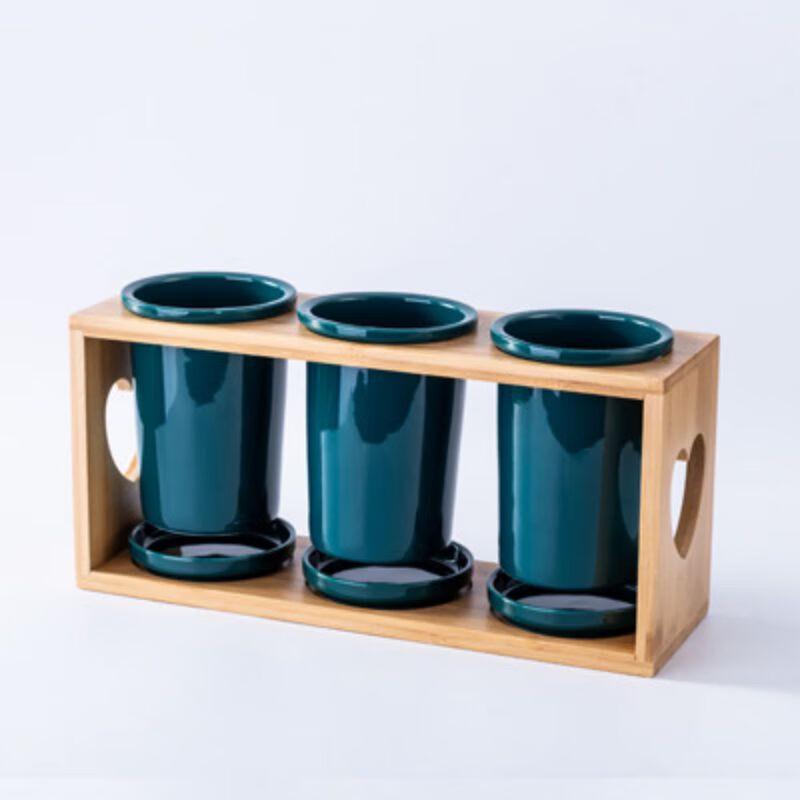 Nordic Ceramic 3-Compartment Chopstick Holder with Bamboo Rack, Set of 2