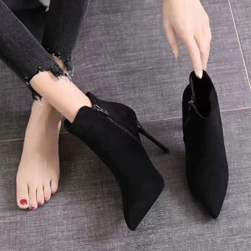 Short Boots Women 2026 Autumn/Winter High Heel Shoes Sexy Black Stiletto Pointed Toe Side Zipper Botines Casual Botas De Mujer