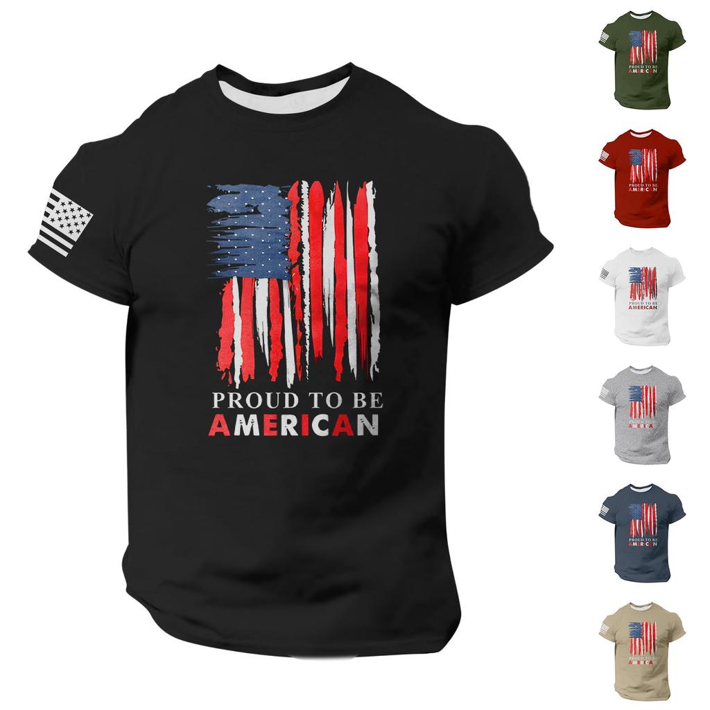 Men's Fashion Casual Short Sleeve Round Neck Independence Day Flag T-Shirt Top
