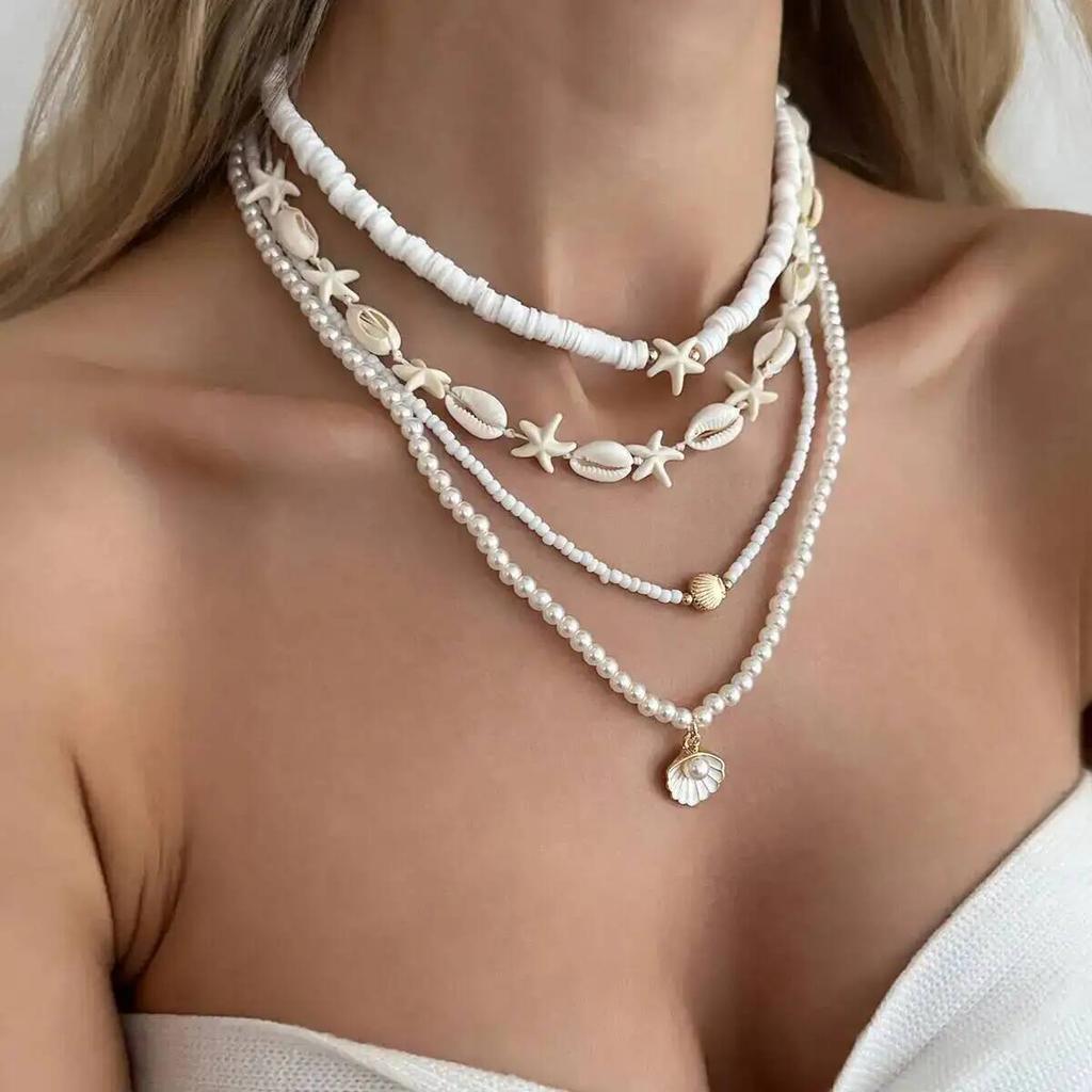 SHIXIN 4Pcs Boho Exquisite Imitation Pearl Scallop Starfish Pendant Necklace Women New Charm Clavicle Bead Chain Jewelry Gifts