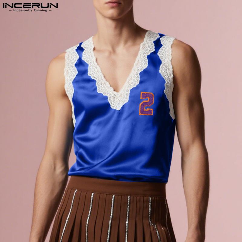 INCERUN Men V Neck Sleeveless Lace Hem Letter Casual Tank Tops Undershirts