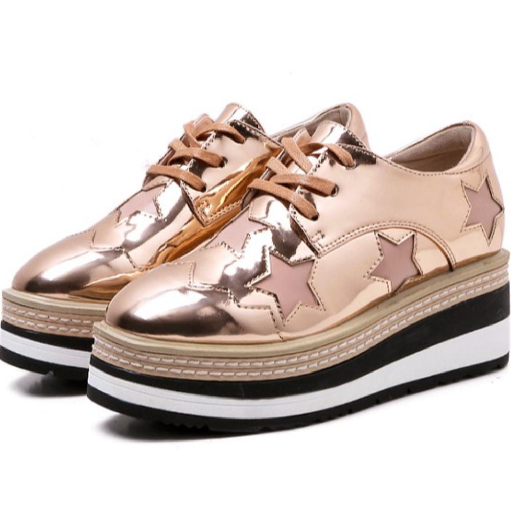 2026 Autumn Women Lace‑Up Wedge Platform Pumps, British Style Star Decor Striped Thick‑Sole Invisible Height‑Increase Waterproof Platform Casual Shoes