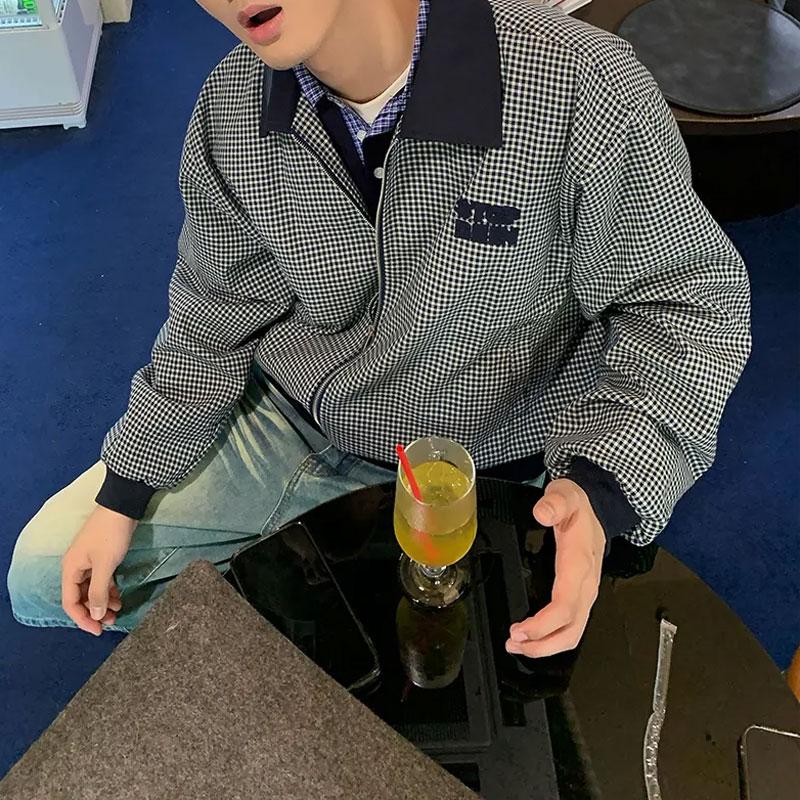 

Stylish Zipper Turn-down Collar Jackets Men s Clothing Vintage Plaid Autumn Letter American Basic Loose Contrasting Colors S бежевий