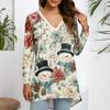 Ladies' Fashionable Casual Christmas Printed T-shirt Long Sleeved V-neck Mid Length Top