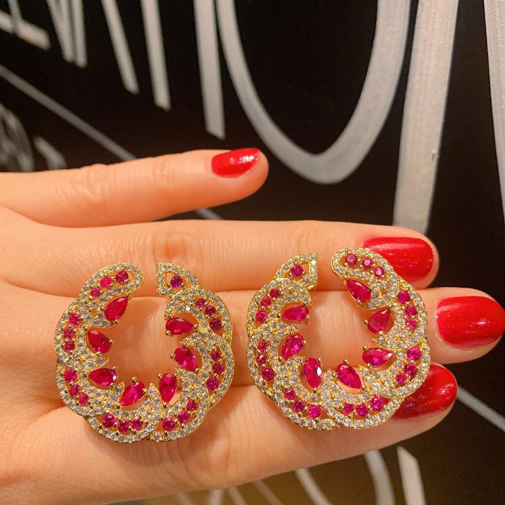 Jewelry Temperament Women'S Earrings Style Emerald Red Treasure Exaggerated Large Stud Earrings Earrings Full Of Diamonds