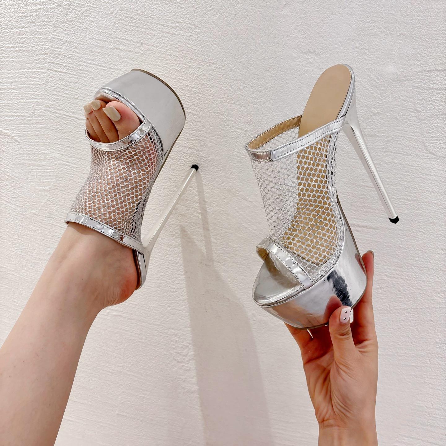 

Fashion Gold/Silver Fashion Women Sexy Peep Toe Platform 16CM Thin High Heels Slippers Design Mesh Fabric Banquet Shoes Sandalen 42 серебряный