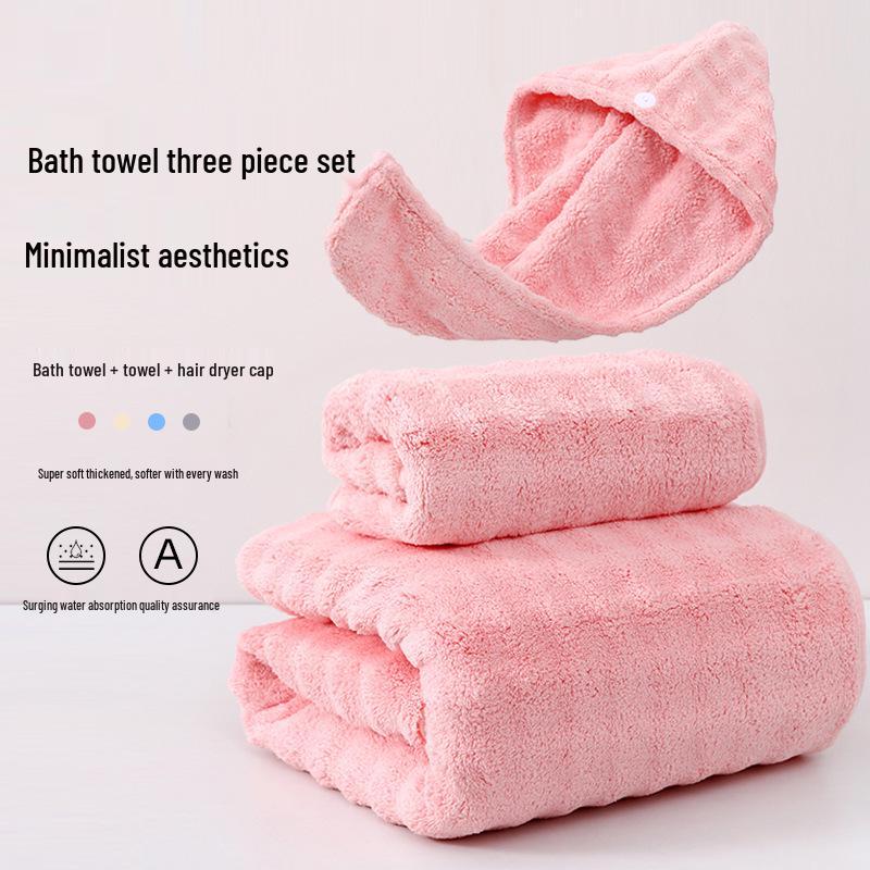 Coral Fleece Three-Piece Bath Set: Thick, Absorbent, Non-Shedding Towels with Hair Drying Cap.