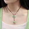 GEMCHIC Women's Vintage Chinese Style Green Jade Flower Pendant Necklace with Tassel Beads Long Chain Ethnic Jewelry
