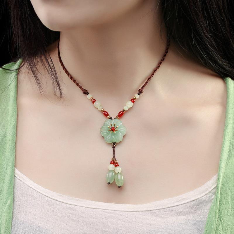 GEMCHIC Women's Vintage Chinese Style Green Jade Flower Pendant Necklace with Tassel Beads Long Chain Ethnic Jewelry