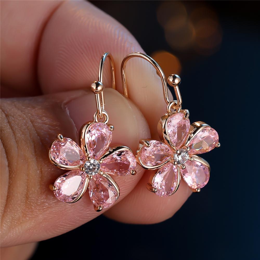 Charm Female Pink Zircon Stone Flower Drop Earrings Cute Trendy Bridal Gold Color Dangle Wedding For Women